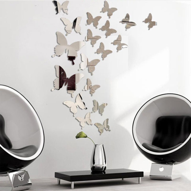 12 Miếng dán tường hình bướm 3D hiệu ứng gương độc đáo