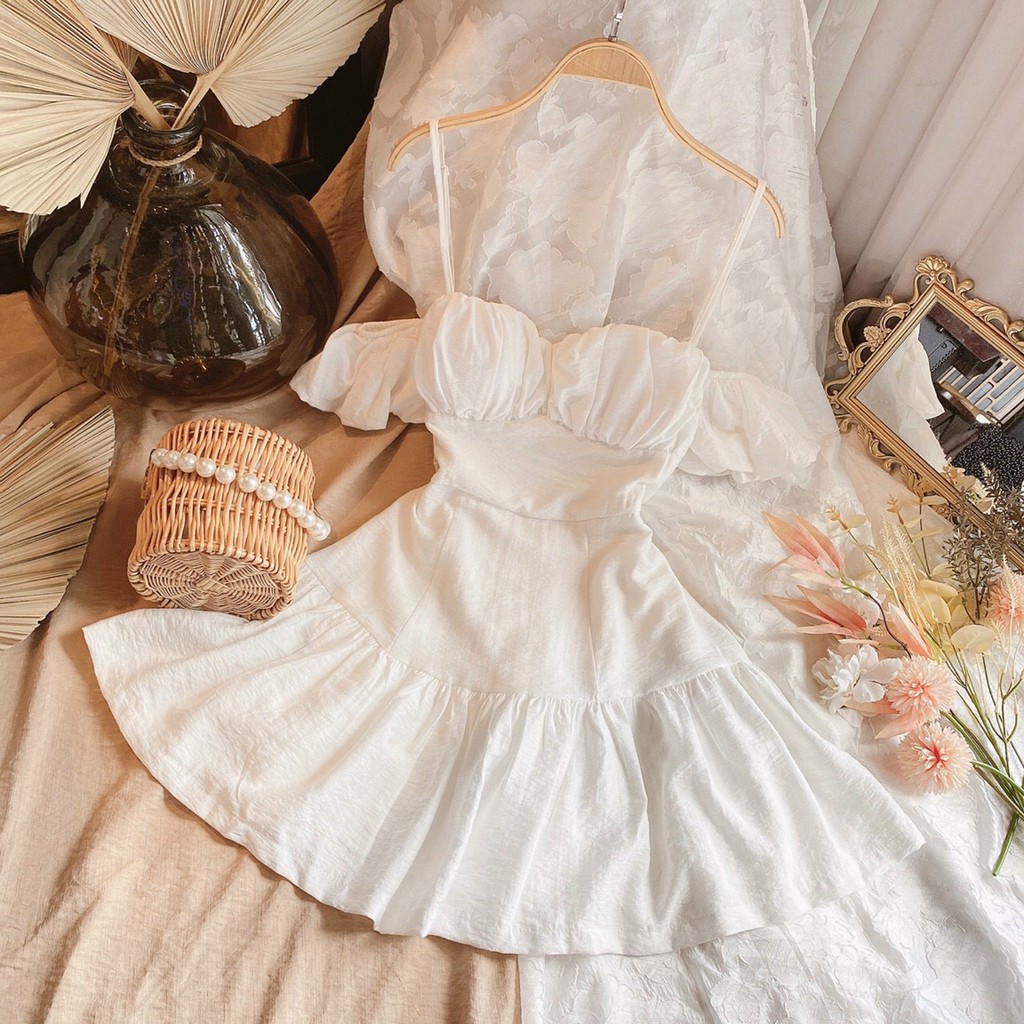 ĐẦM TRỄ VAI TRẮNG BÈO (WHITE LINEN DRESS)