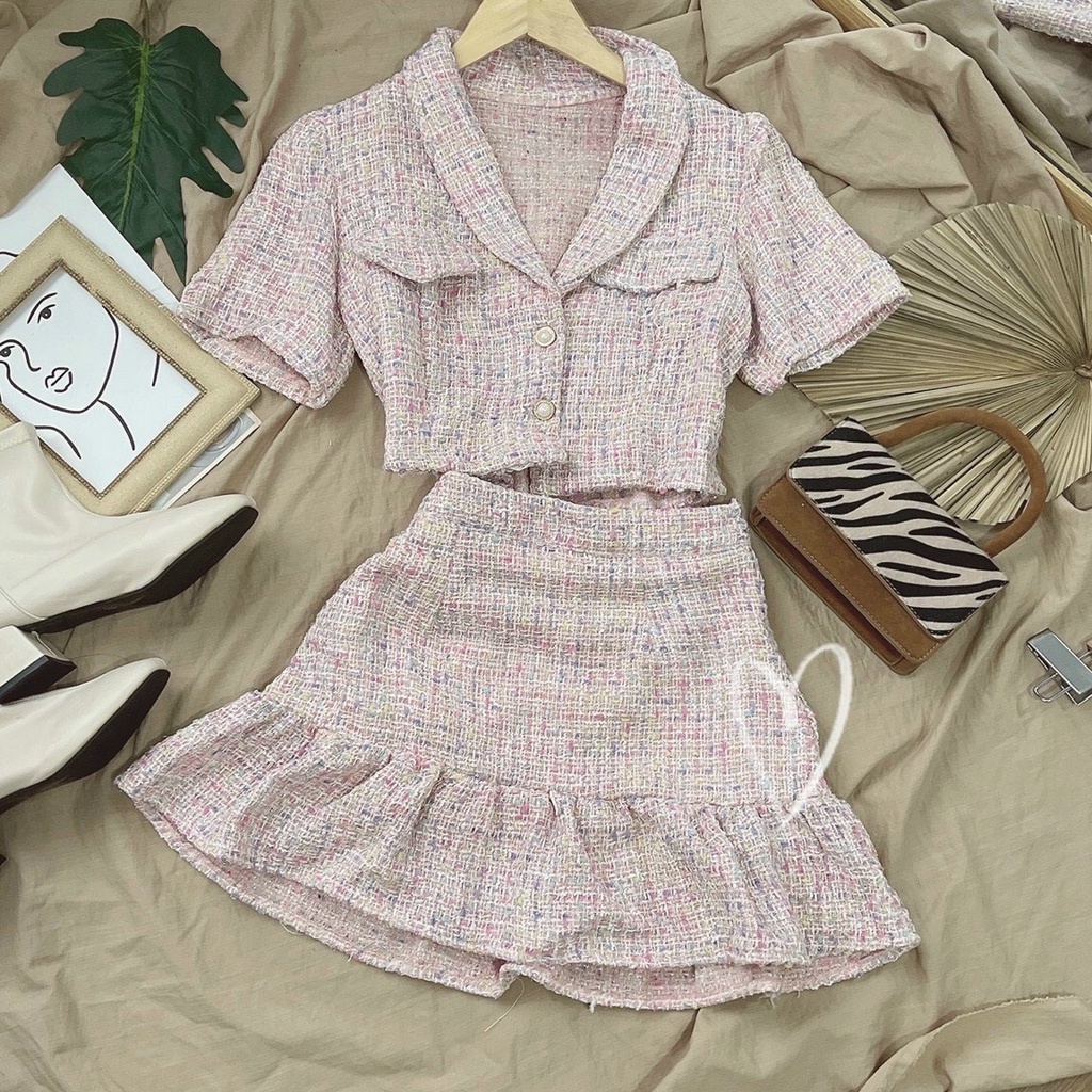 SET BỐ HỒNG CROPTOP CỔ SEN + CHÂN VÁY ĐUÔI CÁ MINI