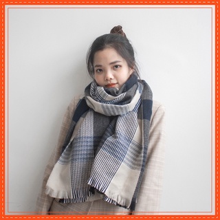 Khăn Quàng Cổ Khăn Len Nam Nữ Chất Liệu Len Dạ Mỏng Nhẹ Kẻ Xanh Xám Phong Cách Vintage Hàn Quốc