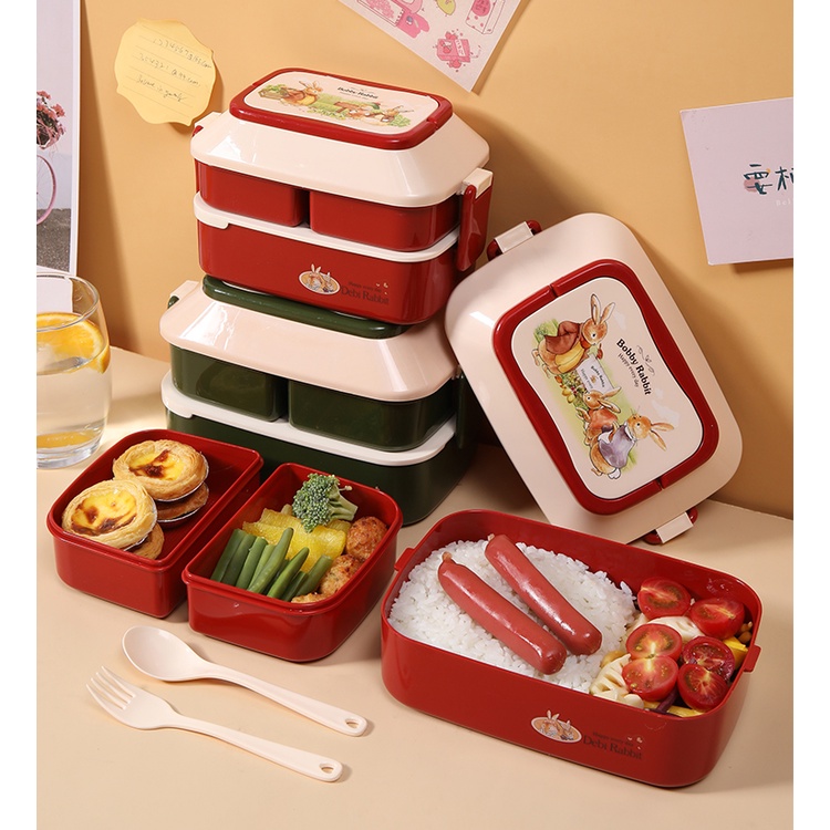 Hộp đựng cơm 2 tầng 3 ngăn có quai xách tặng thìa đũa an toàn cho lò vi sóng - Hộp cơm văn phòng có sẵn