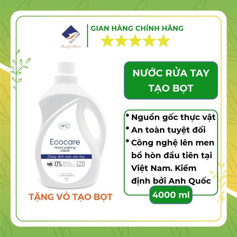 Nước rửa tay tạo bọt Hữu cơ 4000ml, Nước rửa tay diệt khuẩn tinh dầu tự nhiên Ecocare [Tặng vỏ tạo bọt]