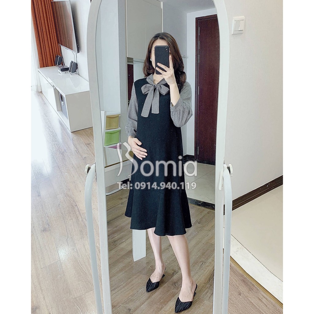 Váy bầu đen tay kẻ caro