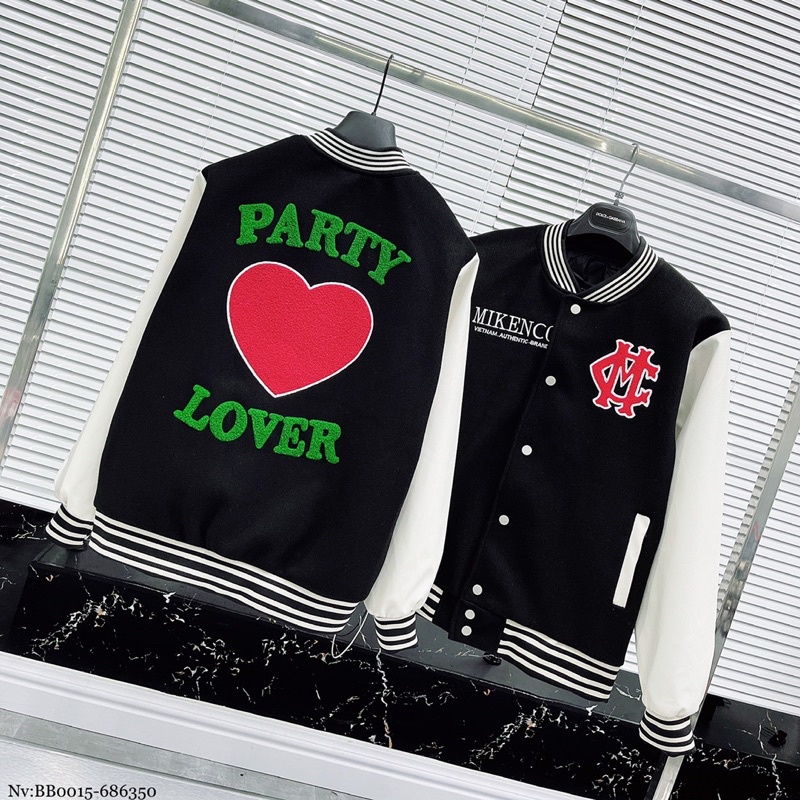 Áo khoác bomber Mikenco nam nữ thêu logo chữ Party Lover bông xù hai mặt phối tay da trắng bo chun 2 lớp