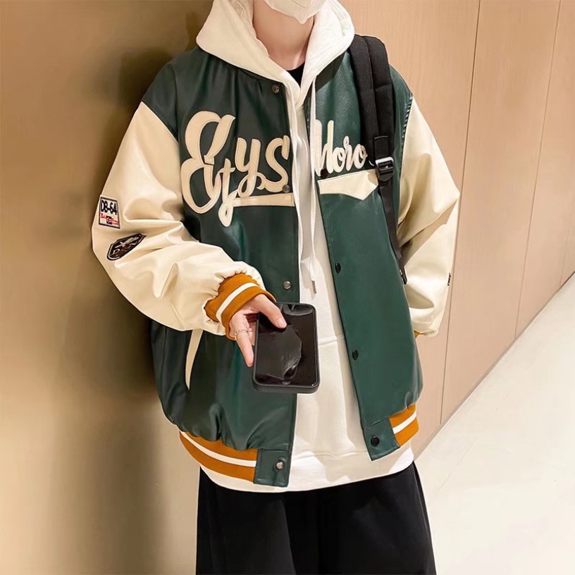 Áo Khoác Bóng Chày Da pu Tay Dài Dáng Rộng Thêu Chữ Phong Cách Hàn Quốc Thời Trang Cho Nam Và Nữ