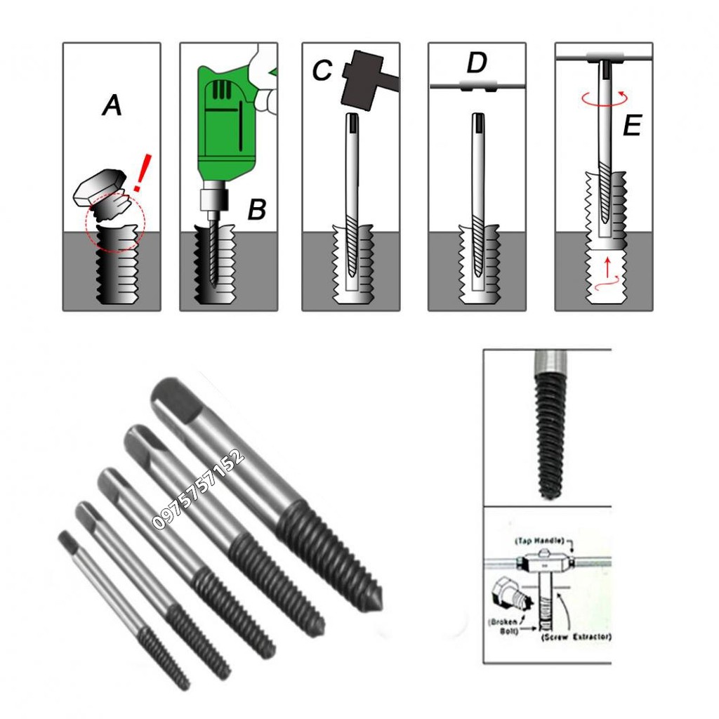 Bộ 5 mũi vít nhổ ốc gãy, bộ tháo bu lông ốc vít trờn ren R'DEER, dụng cụ vặn ốc vít hư, tháo vít gãy toét, bộ nhể ốc gãy