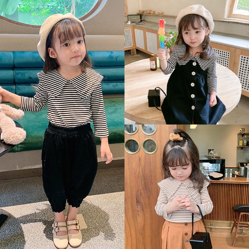 Áo Tay Dài Cổ Búp Bê Họa Tiết Kẻ Sọc Thời Trang Mới Cho Bé Gái