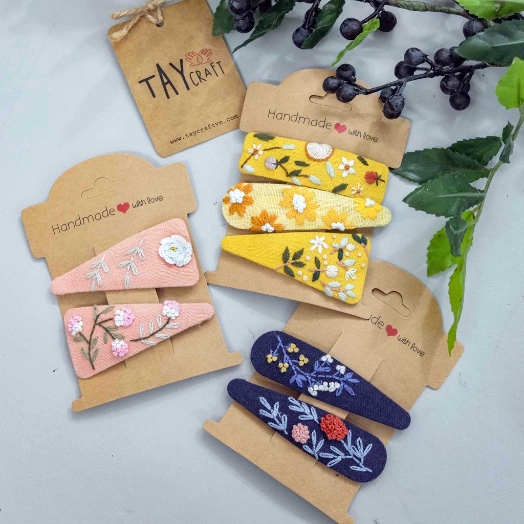 Kẹp tóc thêu tay theo set, Set kẹp tóc linen handmade nhiều mẫu