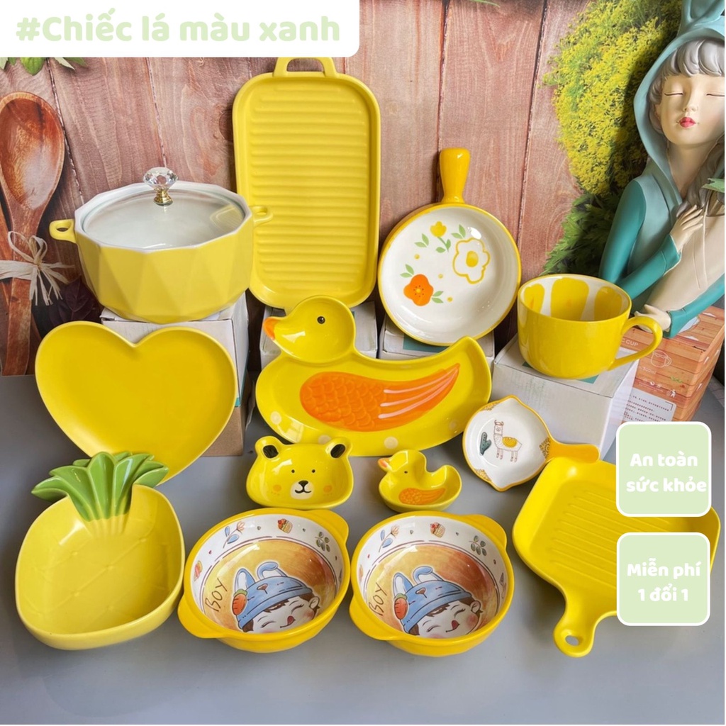 Bộ Bát Đĩa Chén Dĩa Sứ Màu Vàng Set Bát Ăn Bát Ăn Cơm, Tô Sứ Decor Bàn Ăn