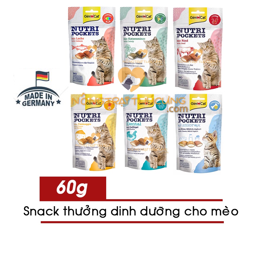 Bánh Snack - Bánh Thưởng GimCat Cho Mèo Có Nhân Thơm Ngon Gói 60g- Nhiều Vị - GimCat Nutri Pockets - [Nông Trại Thú Cưng