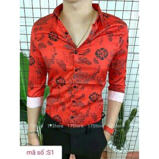 áO Sơ Mi Lụa Nam Họa Tiết Hoa Hồng Đỏ