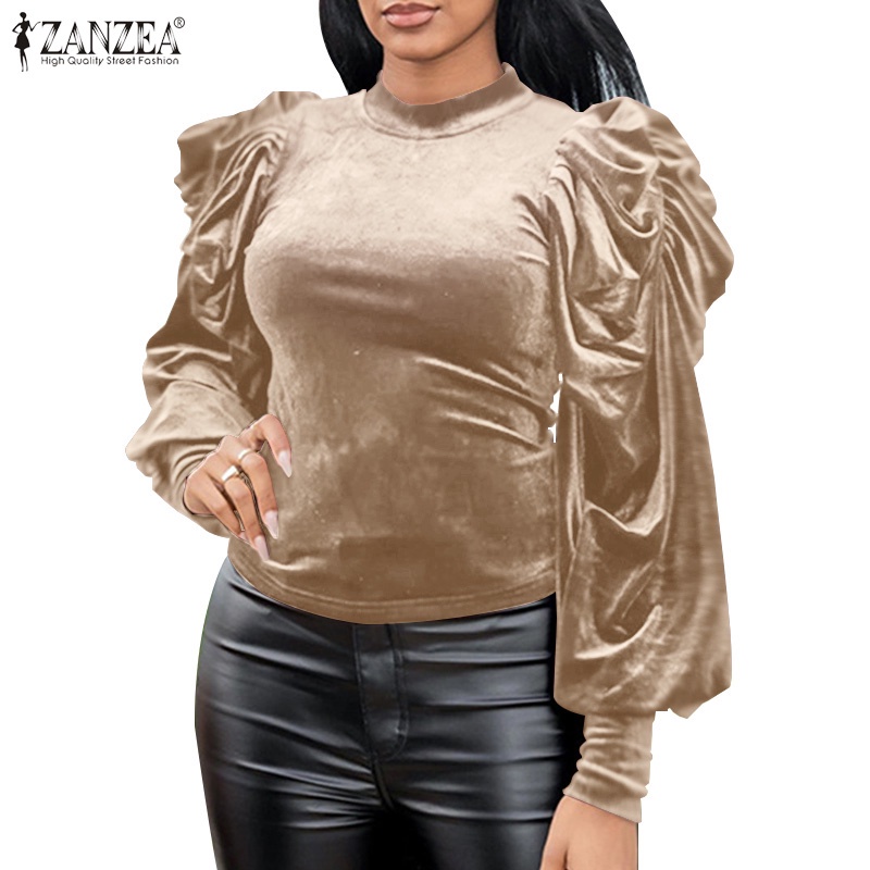 Áo ZANZEA cổ đứng tay phồng dáng ôm vừa vặn thời trang cổ điển cho nữ