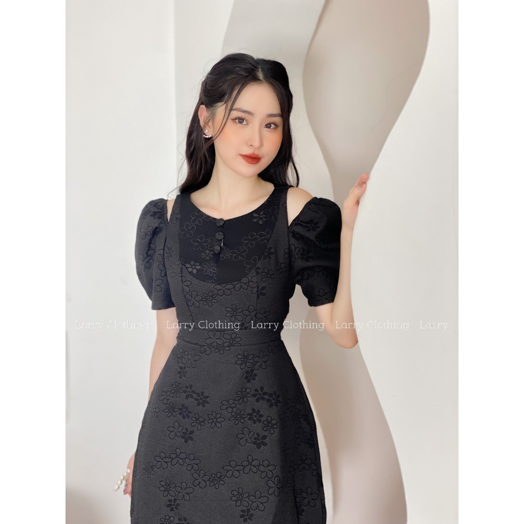 Đầm thiết kế nữ váy khoét vai chất gấm in hoa cao cấp lịch sự thời trang thiết kế Larry Clothing V665