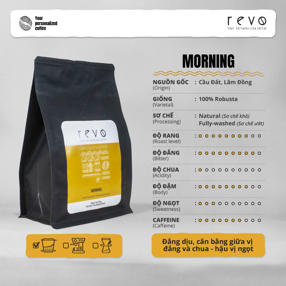 Cà Phê Rang Xay Nguyên Chất Revo Morning - Gu vị Á Đông - Chuyên dùng pha phin - Mix Robusta & Arabica - gói 250gr | BigBuy360 - bigbuy360.vn