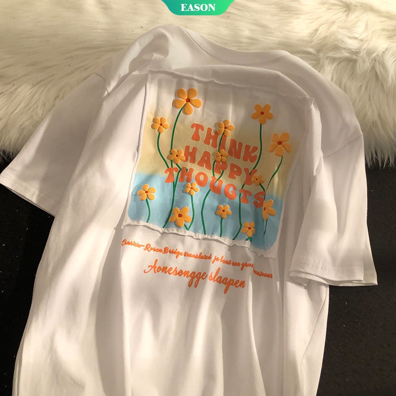 Áo Thun Cotton Tay Ngắn Dáng Rộng In Họa Tiết Hoa Và Chữ Thời Trang Mùa Hè Cho Nữ