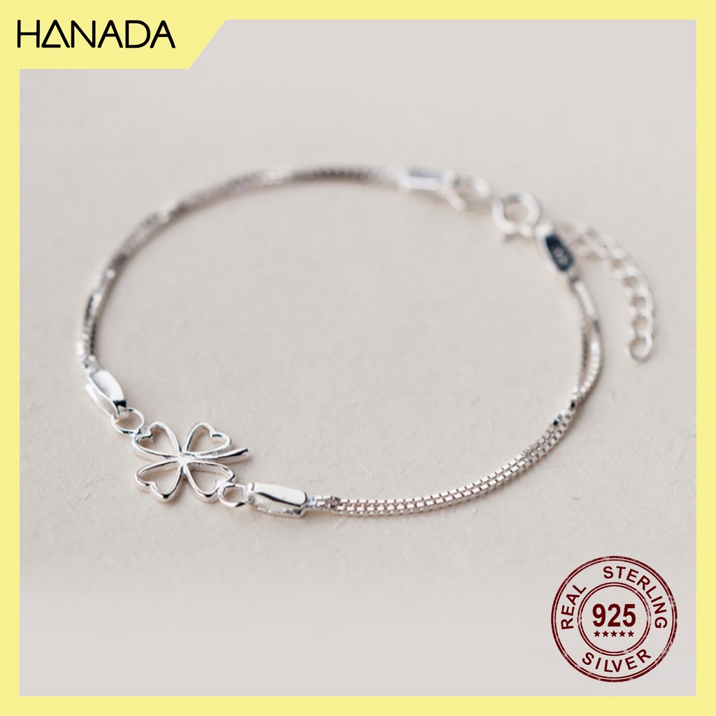 Lắc Tay Bạc 925 Hanada Cỏ 4 Lá May Mắn Dây Đôi Nhuyễn Nhẹ Nhàng Đơn Giản 0283