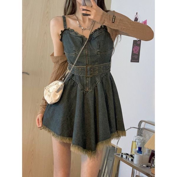 New Style Short Blouse+Sling Dress Irregular Denim Matched With Outer Shawl Sweet Cool Hot Girl Suit Women