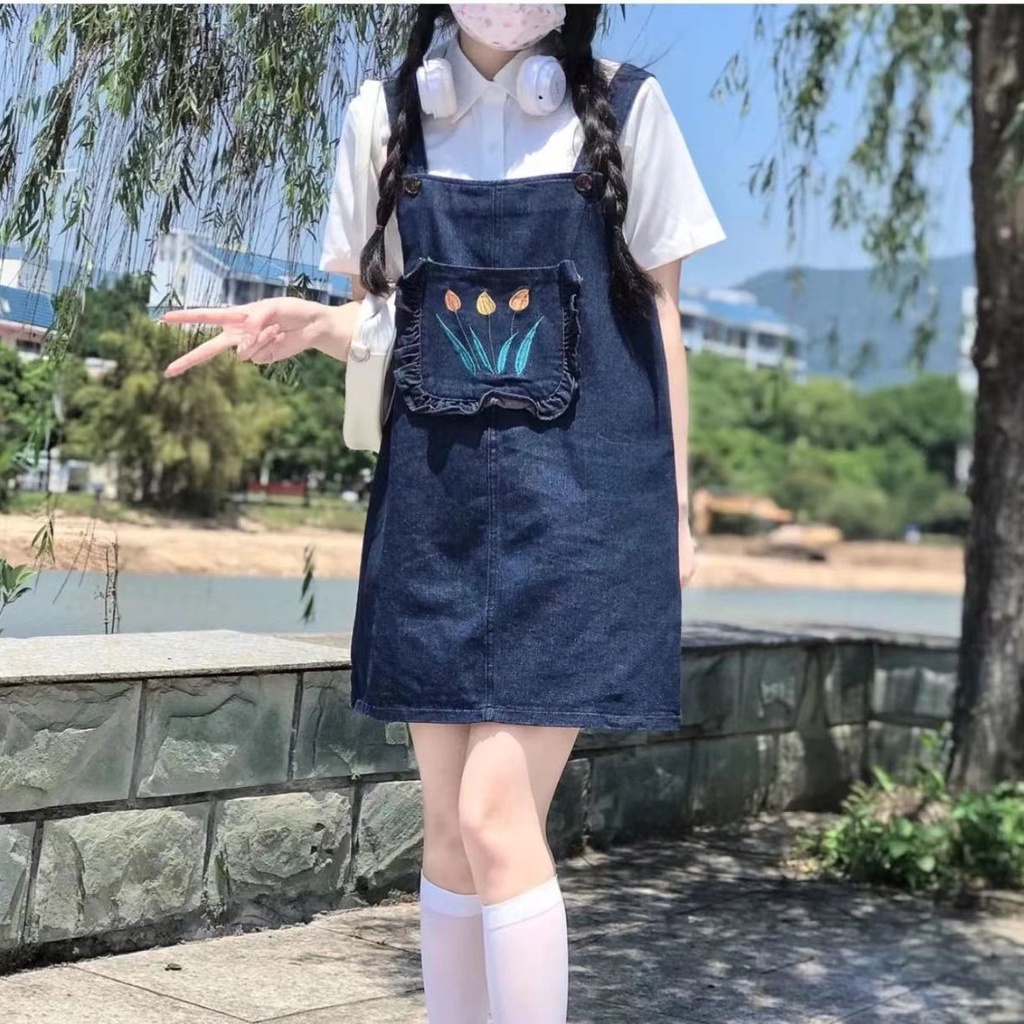 Bộ Áo Sơ Mi Trắng Dáng Rộng + Chân Váy Yếm Denim Phong Cách Nhật Hàn Thời Trang Mùa Hè Cho Nữ