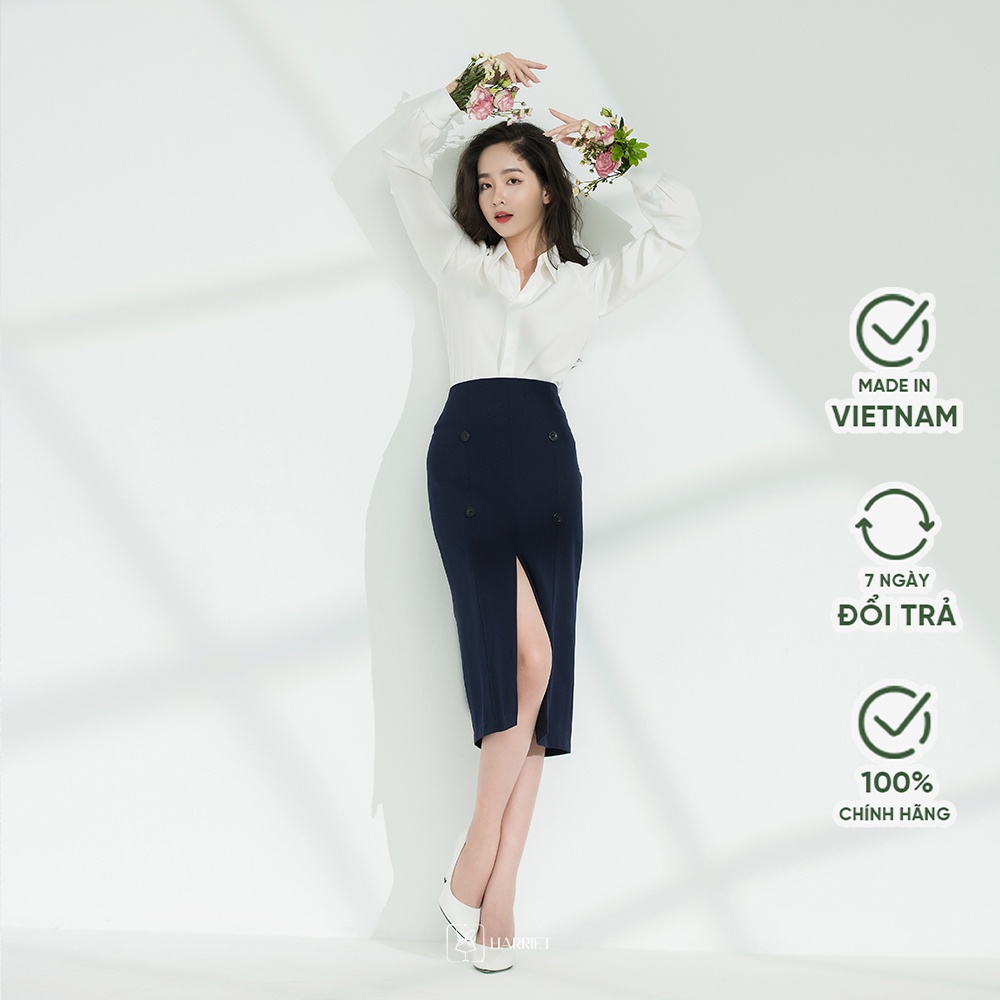 Chân váy bút chì xanh than xẻ trước 4 cúc Grace Harriet
