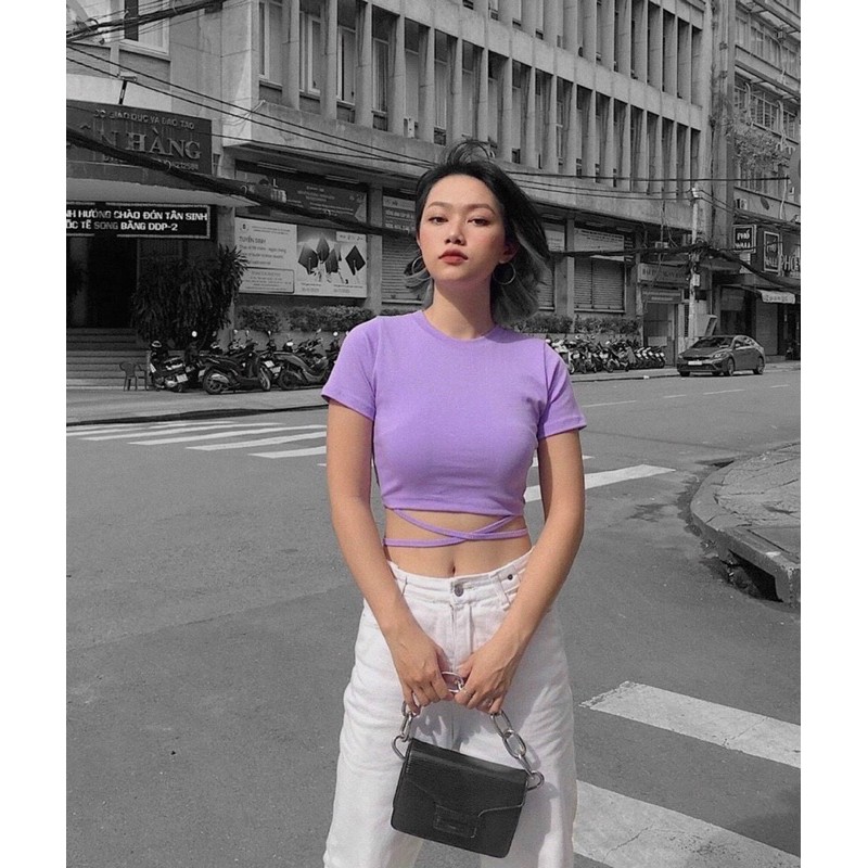 Áo croptop buộc bụng tay ngắn, cột dây eo tay ngắn | BigBuy360 - bigbuy360.vn