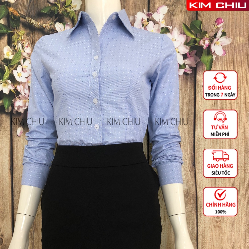 Áo Sơ Mi Nữ Công Sở Kẻ Caro Họa Tiết Sao, Màu Xanh Tay Dài Vải Kate Mỹ Đẹp Ít Nhăn Giãn Nhẹ. SMTD01