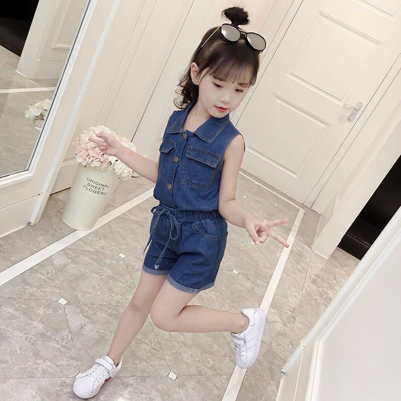 Set áo không tay + quần short denim IQ ANGEL năng động thời trang cho bé gái