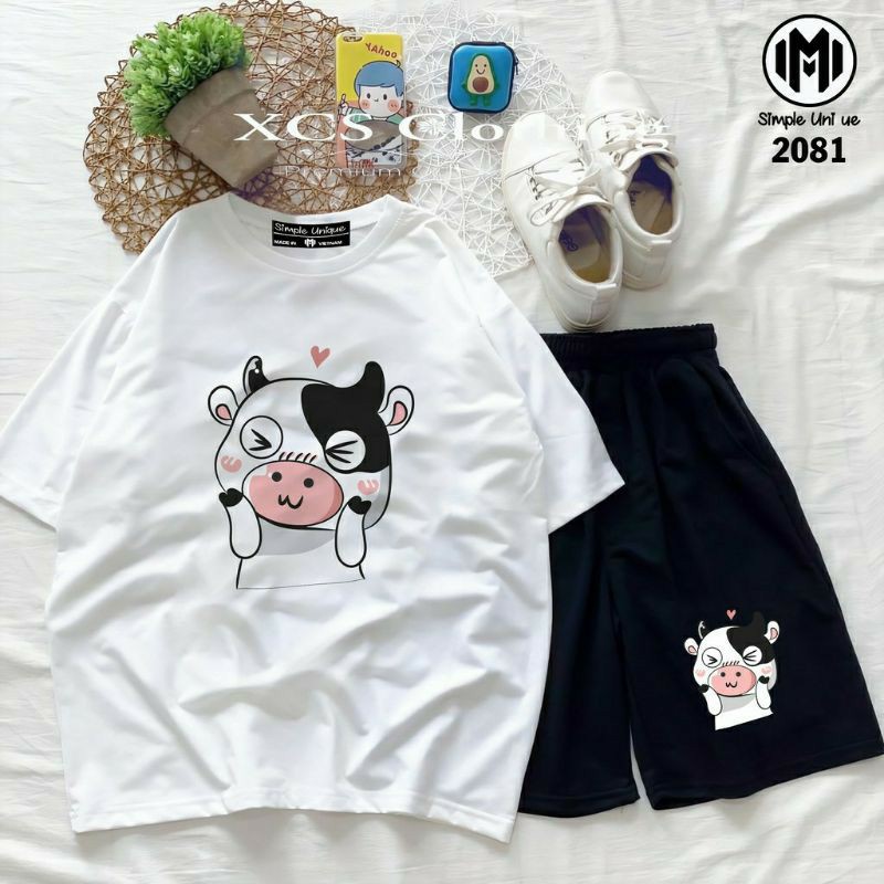 Sét Bộ Đồ Thời Trang Nữ Mặc Đi Chơi Dạo Phố Mùa Hè cute♥️ Áo Thun Cotton In Bò Sữa+ QUẦN ĐÙI Phong Cách.