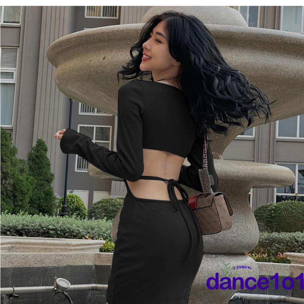dance1o1-Đầm tay dài cổ chữ v màu trơn thiết kế hở lưng quyến rũ
