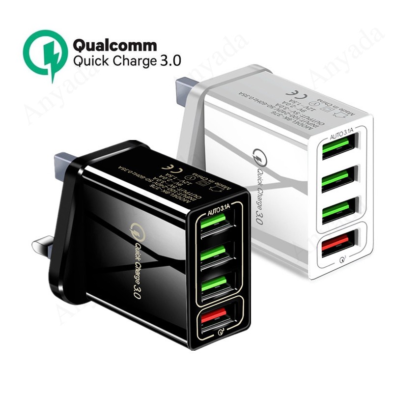 Mới Đa Năng QC 3.0 4 Cổng USB 30W Sạc Nhanh Hub Sạc Tường Adapter Phích Cắm Châu Âu Áp Dụng Cho Việt Nam