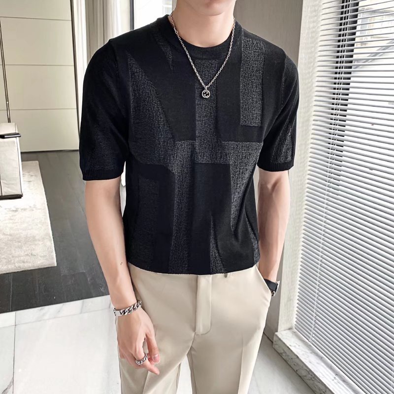 Áo Thun Dệt Kim Tay Ngắn Cổ Tròn Dáng Ôm Màu Sắc Đơn Giản Phong Cách Hàn Quốc Cho Nam Giới