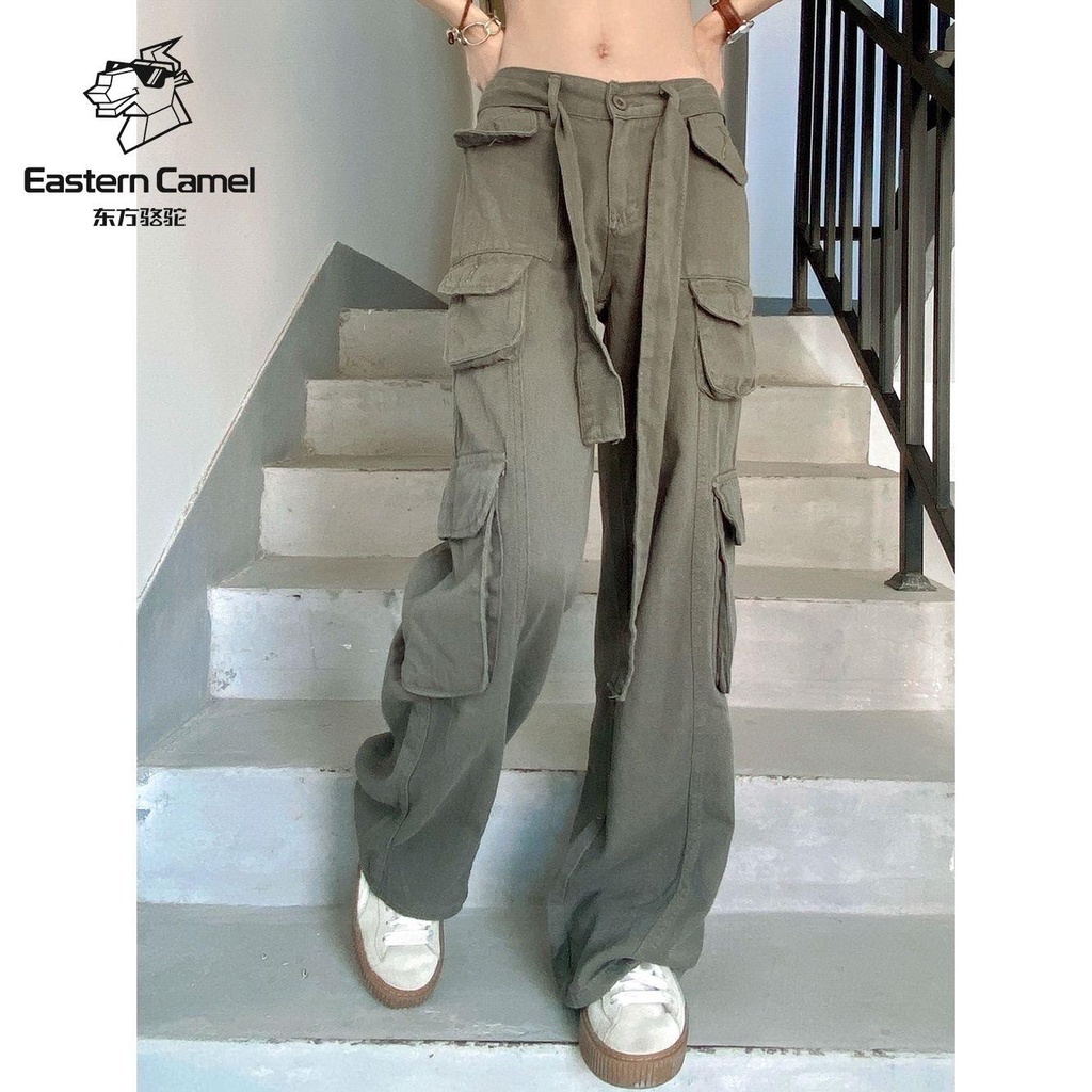 Quần Yếm Ống Rộng Thắt Dây 100% Cotton Nguyên Chất Nhiều Túi Phong Cách Retro Mỹ Cho Nam Nữ