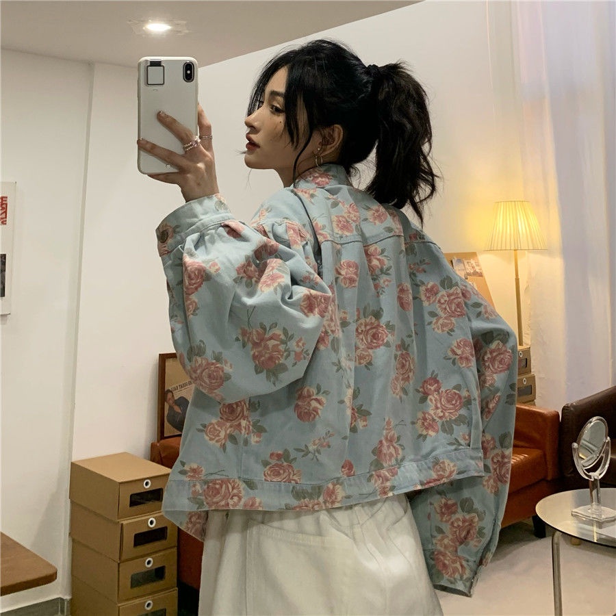 [FAFA Sauce Nhật Bản Hàn Quốc] Áo Khoác Denim In Hình Hoa Hồng Giặt Thời Gian Retro Dễ Phối Đồ Cho Nữ Sinh