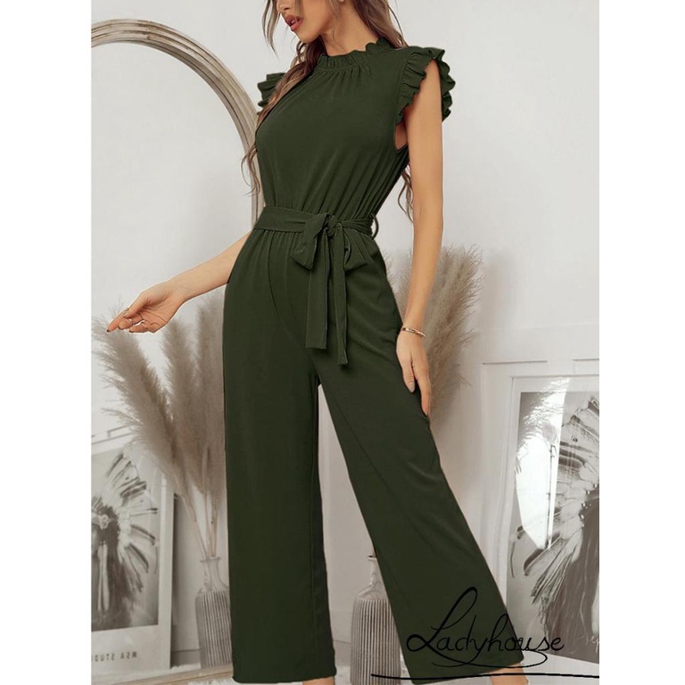LDD-Female Jumpsuit, Solid Color Crew Neck Sleeveless Ruffle Belted Romper with Pockets for Summer, S/M/L/XL