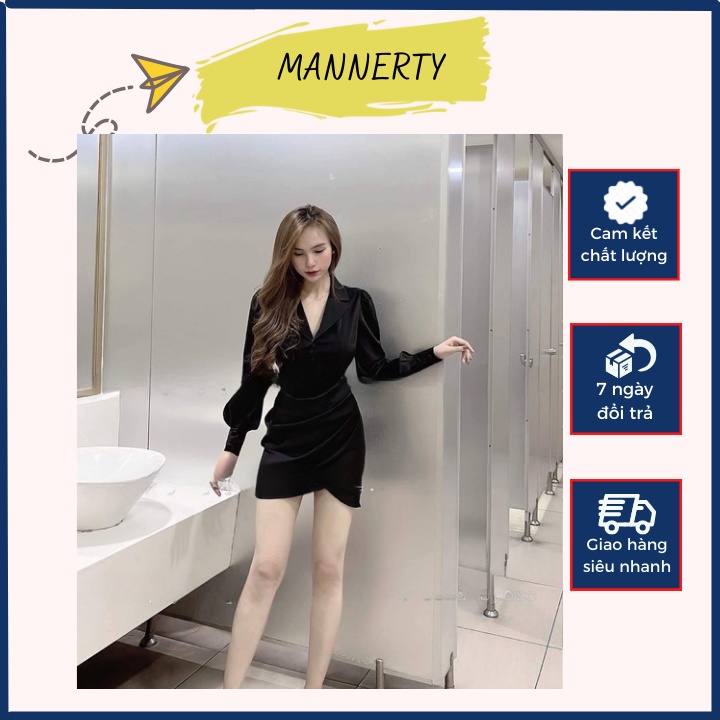 Đầm dự tiệc body cổ vest tay dài phồng tà nhúng chéo 2 màu đen trắng quyến rủ cực hot