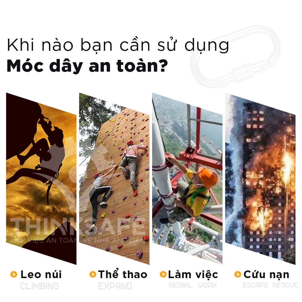 Móc khóa chữ D, móc an toàn, cứu hộ, leo núi, dùng trong xây dựng, du lịch - THINKSAFE