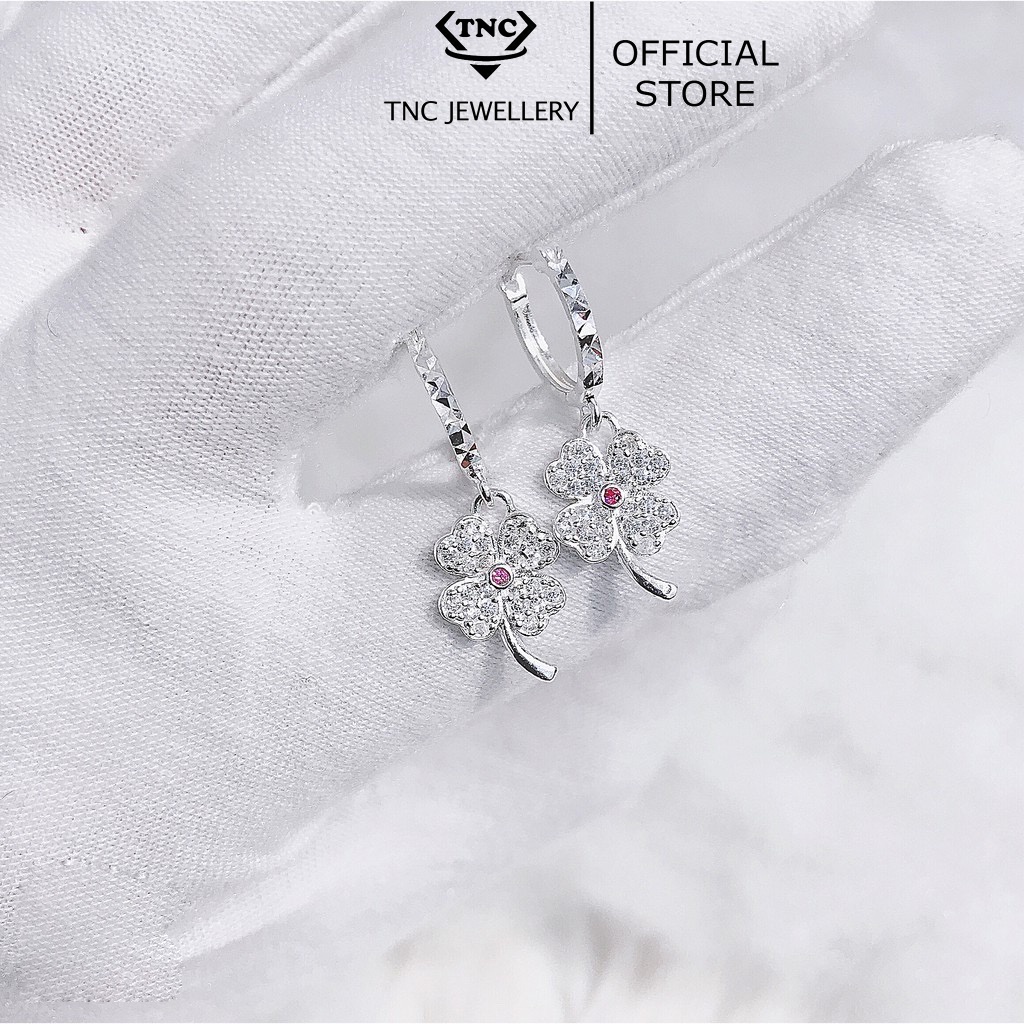 Khuyên Tai Bạc, Bông Tai Bạc 925 Cỏ 4 Lá Khoen Tròn Bông Thả- Trang Sức TNC JEWELLERY