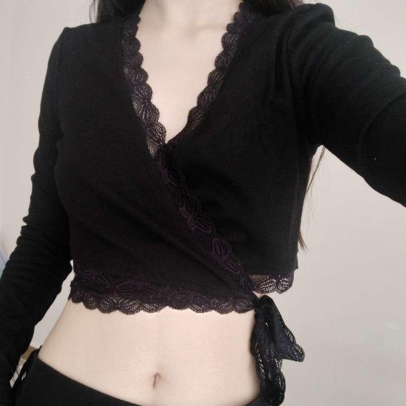 Áo ren chéo tay dài nữ tà chéo - RCH1