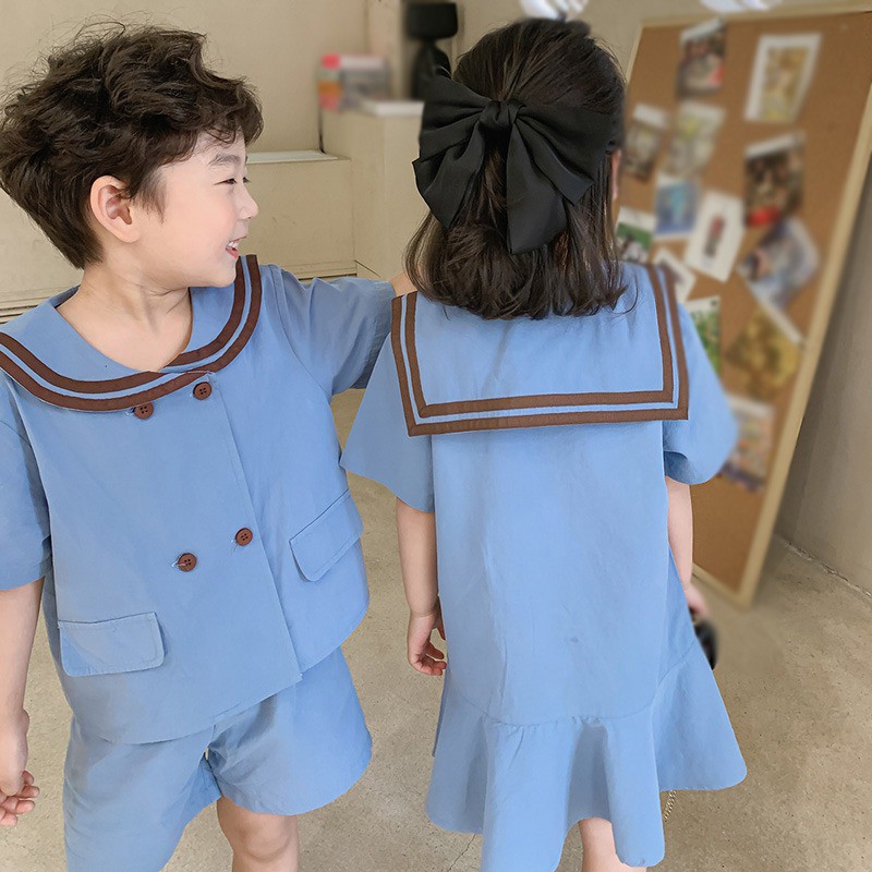 Đầm Tay Ngắn Cổ Bẻ Cài Hai Hàng Nút Phong Cách Hàn Quốc Thời Trang Cho Bé