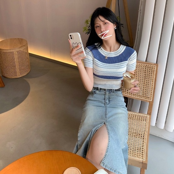 Áo thun ZHELIHANGFEI dệt kim tay ngắn cổ tròn họa tiết kẻ sọc trẻ trung thời trang