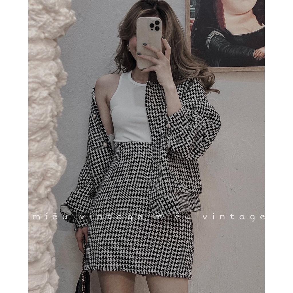 Set Áo Dạ Tweed kèm chân váy mùa đông kiểu dáng Hàn Quốc Tiểu Thư