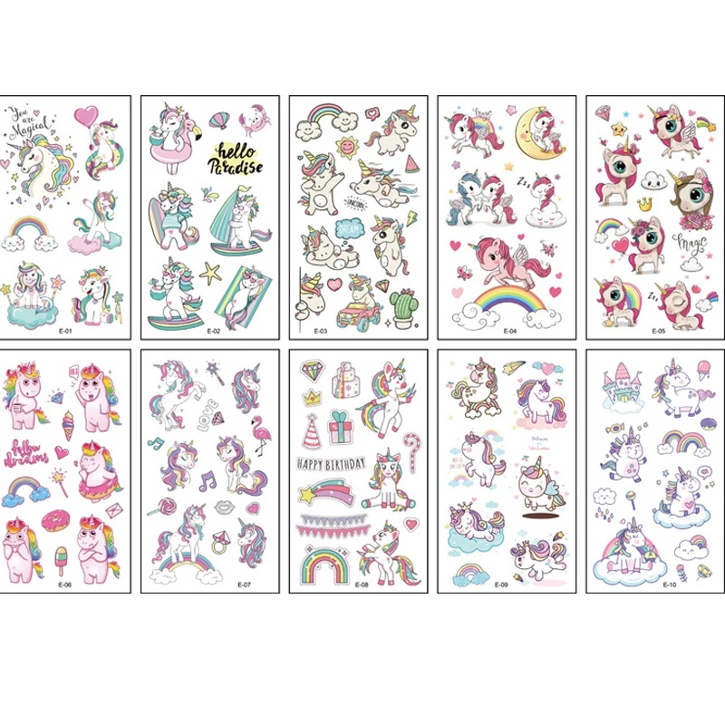 Set 10 Tấm Hình Xăm Dán Tạm Thời Hình Kỳ Lân Hoạt Hình Dễ Thương Cho Trẻ Em