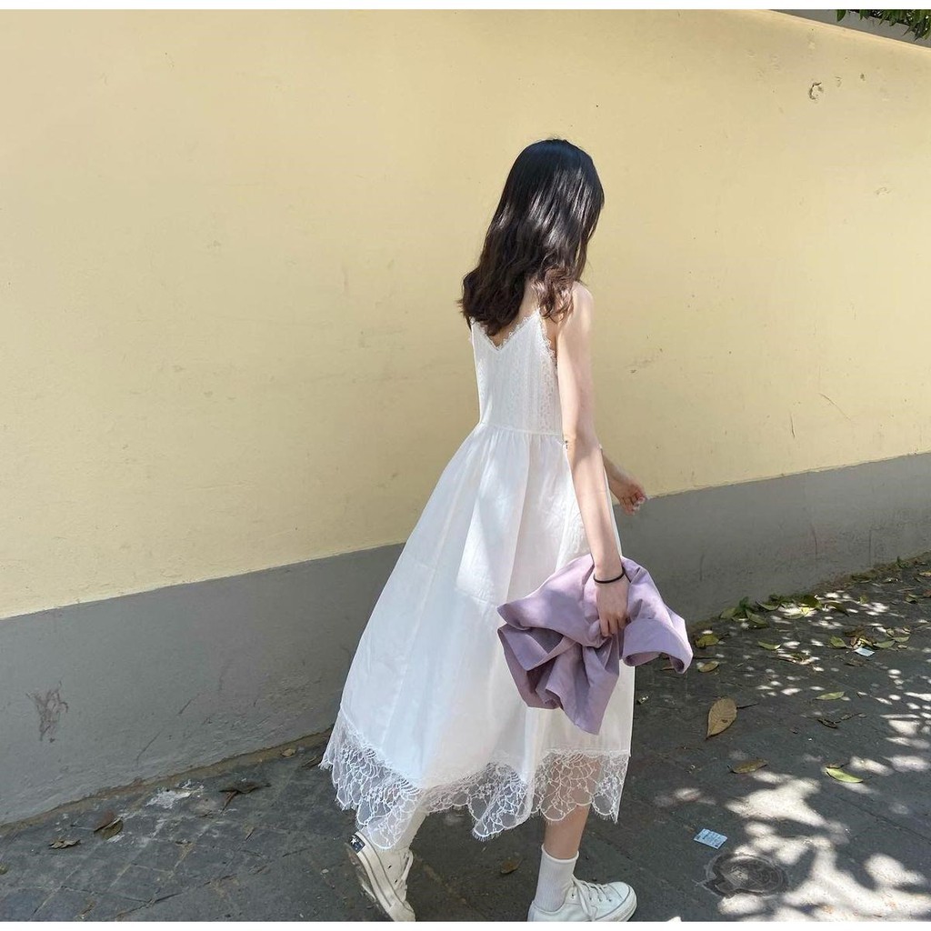 Váy maxi hai dây viền ren, đầm maxi phối ren xinh xắn  - V30FG