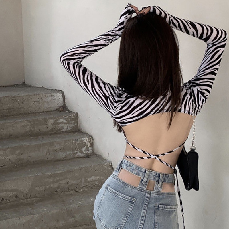 IELGY Áo Thun Lửng Tay Dài Hở Lưng Ôm Dáng In Họa Tiết Ngựa Vằn Cho Nữ