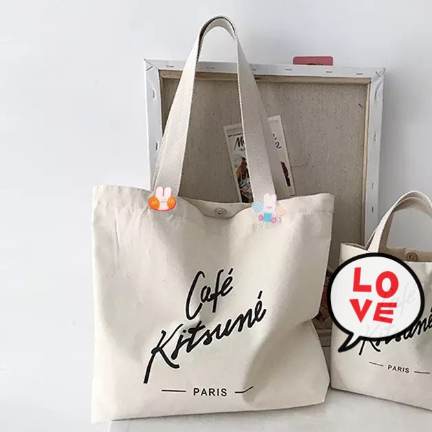 Túi tote khổ vuông vải canvas cao cấp in hình Cafe Kitsune sang chảnh