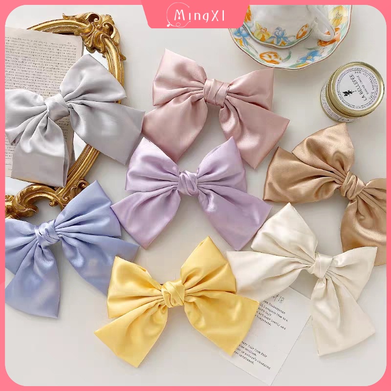 Kẹp Tóc Nơ Vải Satin Màu Trắng Sữa Thời Trang Hàn Quốc Dành Cho Nữ