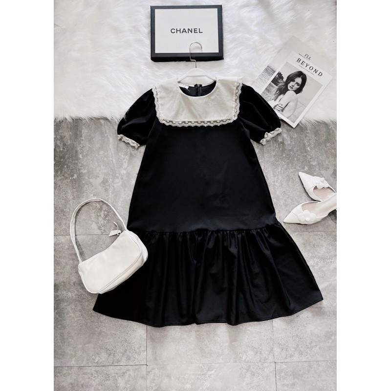 VN62 - VÁY SUÔNG ĐEN ĐUÔI CÁ PHỐI CỔ BÈO TRẮNG NỮ | BigBuy360 - bigbuy360.vn