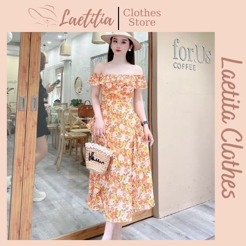 Váy maxi đi biển trễ vai dáng dài, Đầm maxi hoa rớt vai  thả dáng thướt tha