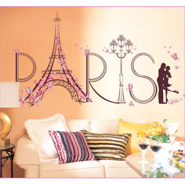 Decal trang trí tường - Tháp PARIS Bướm Hồng Romantic