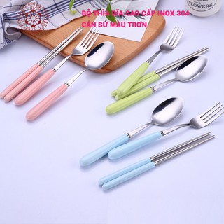 [HÀNG MỚI] Bộ thìa dĩa cao cấp bằng inox, cán bọc sứ, hàng có sẵn đủ 3 màu xanh dương, xanh lá, hồng