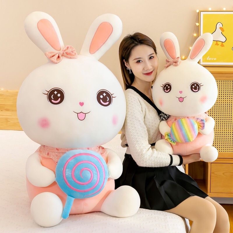 Gấu Bông Thỏ Ôm Kẹo, Vải miniso co giãn có dây kéo.Xưởng sỉ Gấu Bông mua lẻ giá sỉ